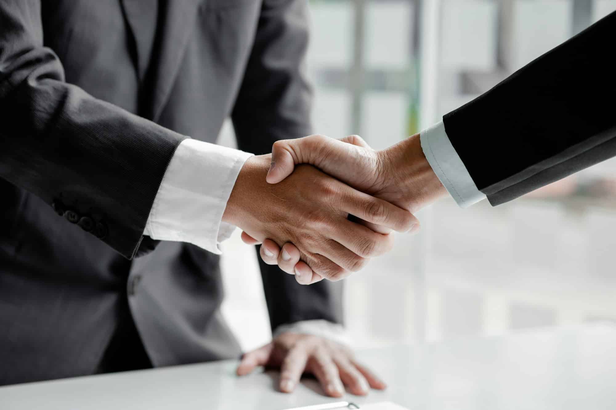 The salesperson of the housing estate in the project and the customer shake hands.